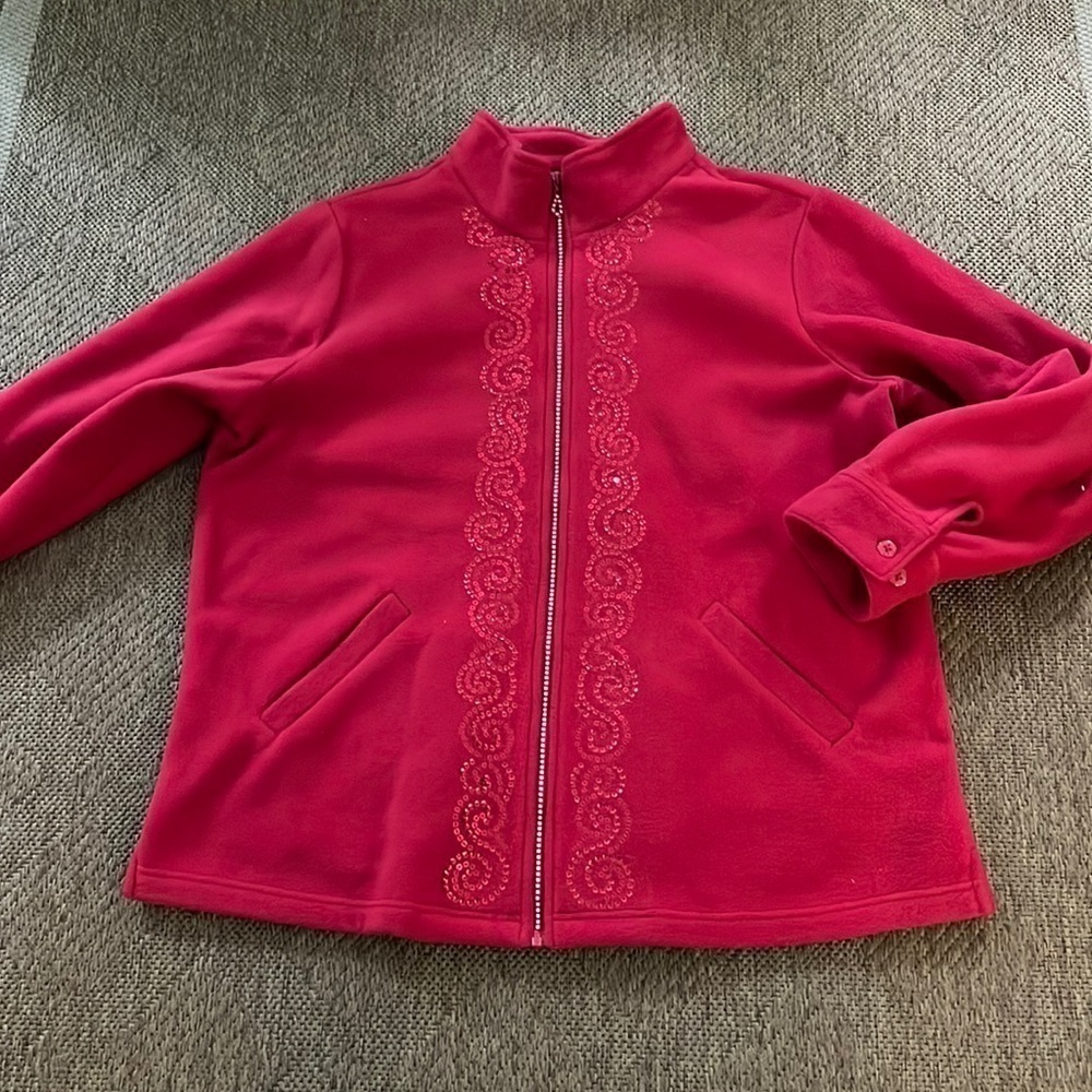 Quacker Factory Sequined Fleece Jacket with Rhinestone Zipper Sz L